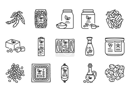Ilustración de Conjunto de iconos de línea negra de productos de soja. - Imagen libre de derechos