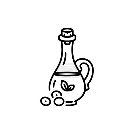 Illustration for Soy oil in glass bottle black line icon. Vegetarian organic ingredient - Royalty Free Image