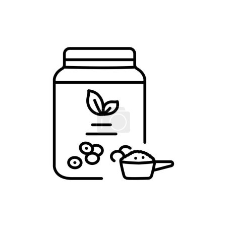 Illustration for Soy protein in jar black line icon. Organic vegan product - Royalty Free Image