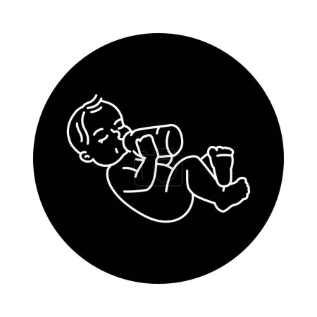 Téléchargez les illustrations : The child lies and drinks milk black line icon. Toddler development. - en licence libre de droit
