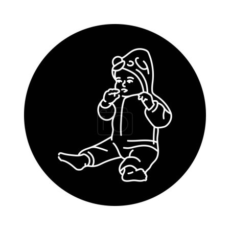 Illustration for The kid is sitting in overalls black line icon.  Toddler development. - Royalty Free Image