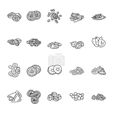 Illustration for Dried fruits black line icons set. - Royalty Free Image
