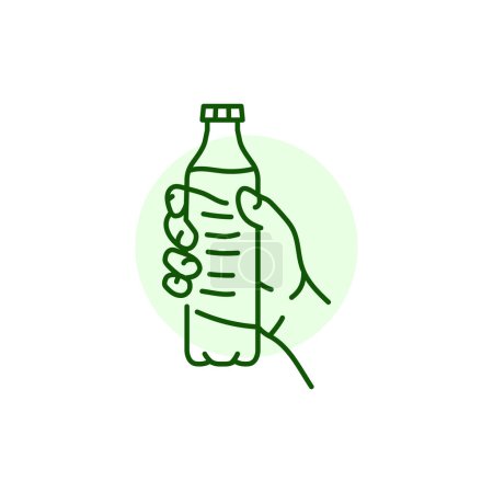 Téléchargez les illustrations : Main tenant bouteille en plastique icône de ligne noire. Pictogramme pour page web - en licence libre de droit
