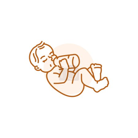 Illustration for The child lies and drinks milk black line icon. Toddler development. - Royalty Free Image