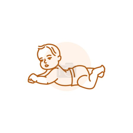 Téléchargez les illustrations : The child lies on his stomach black line icon. Toddler development. - en licence libre de droit