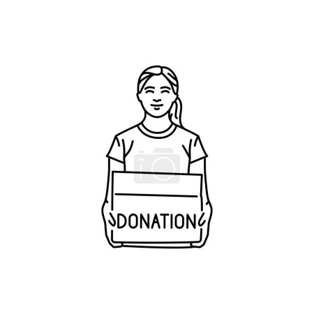 Téléchargez les illustrations : Volontaire souriante avec boîte de don icône ligne noire. - en licence libre de droit