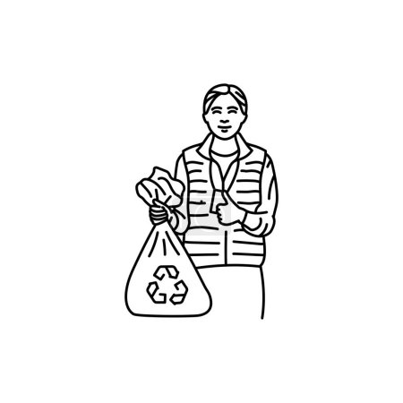 Illustration for Volunteer woman with trash black line icon. Pictogram for web page - Royalty Free Image