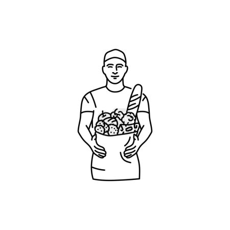 Ilustración de Mensajero con comida icono de línea negra. Pictograma para página web - Imagen libre de derechos