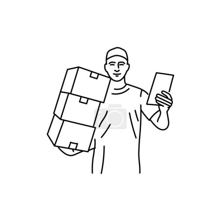 Illustration for Courier with boxes black line icon. Pictogram for web page - Royalty Free Image