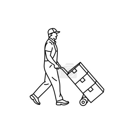Illustration for Delivery man with cart black line icon. Pictogram for web page - Royalty Free Image