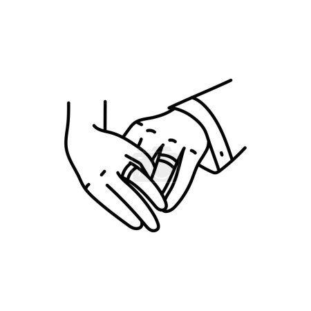 Téléchargez les illustrations : Les mains du couple avec des anneaux de mariage ligne noire icône. - en licence libre de droit