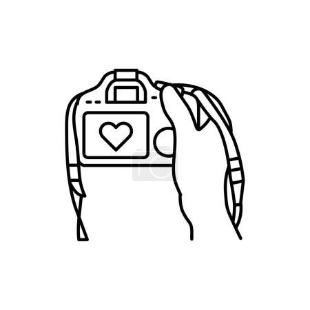 Illustration for Professional photographer holding camera black line icon. - Royalty Free Image