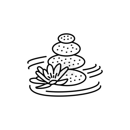 Téléchargez les illustrations : Lotus fleur avec des pierres de spa ligne noire icône. - en licence libre de droit