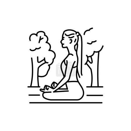 Téléchargez les illustrations : Méditation inspirée de la nature icône ligne noire. - en licence libre de droit