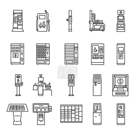 Ilustración de Conjunto de iconos de línea negra de máquinas de autoservicio. - Imagen libre de derechos