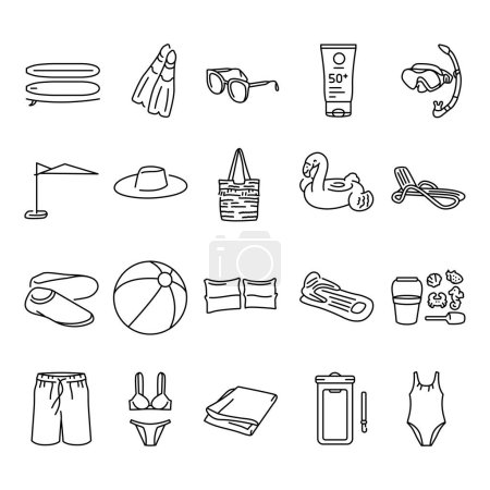 Téléchargez les illustrations : Accessoires de plage ligne noire icônes ensemble. Pictogrammes pour page web - en licence libre de droit