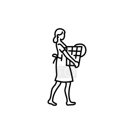 Illustration for Young woman with basket with clothes black line icon. - Royalty Free Image