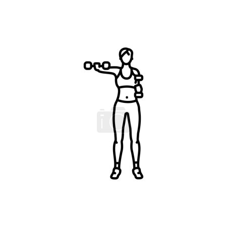 Ilustración de Chica hace ejercicios con mancuerna para sus manos negro icono de línea. - Imagen libre de derechos