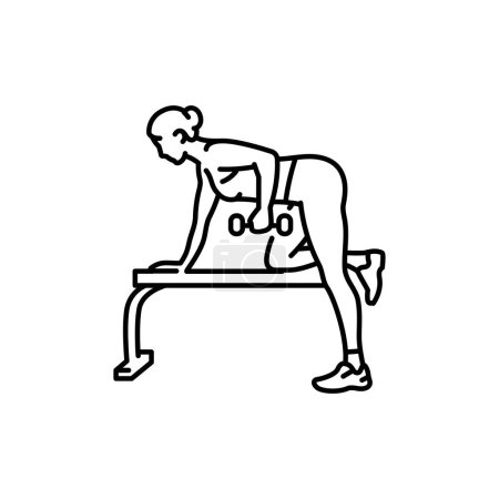 Ilustración de Chica hace ejercicios con mancuerna para tríceps línea negra icono. - Imagen libre de derechos