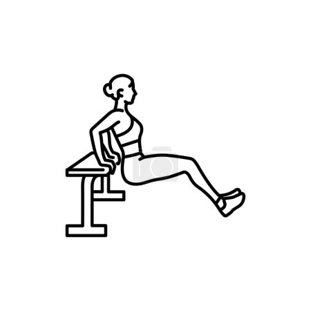 Illustration for Woman doing reverse push ups using bench black line icon. - Royalty Free Image