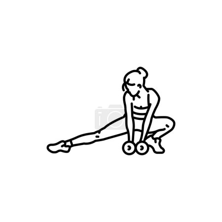 Illustration for Woman does lunges with dumbbells black line icon. - Royalty Free Image