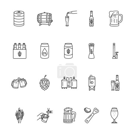 Téléchargez les illustrations : Bière et brassage ligne noire icônes ensemble. - en licence libre de droit