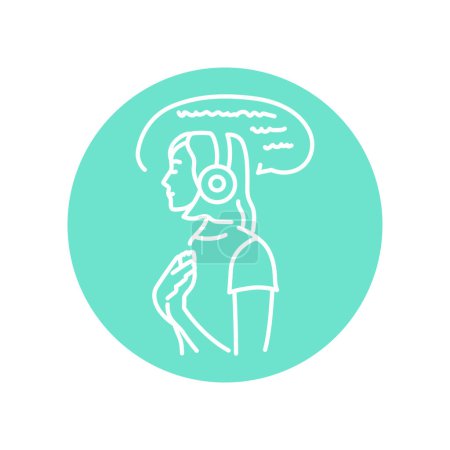 Illustration for A girl in headphones listens to a mantra black line icon. - Royalty Free Image