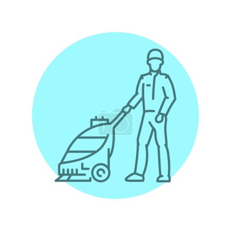 Téléchargez les illustrations : Homme avec une icône de ligne noire d'aspirateur. Entreprise de nettoyage - en licence libre de droit