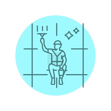 Illustration for Worker washes the windows of modern skyscraper black line icon. Cleaning company - Royalty Free Image