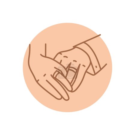 Illustration for Couple's hands with wedding rings black line icon. - Royalty Free Image