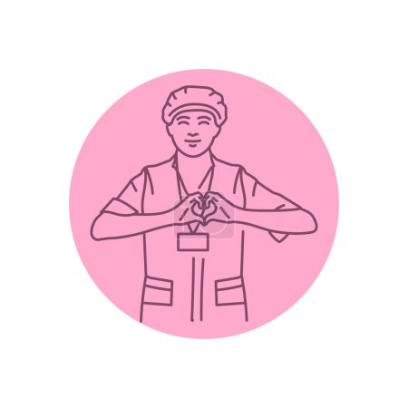 Illustration for Smiling female nurse volunteer black line icon. Pictogram for web page - Royalty Free Image