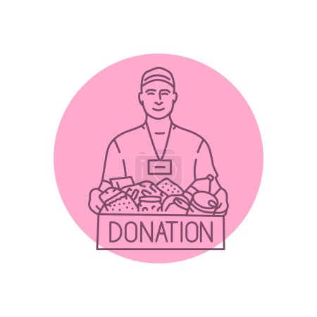 Illustration for Smiling male volunteer with food in box black line icon. Pictogram for web page - Royalty Free Image
