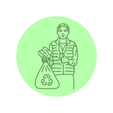 Téléchargez les illustrations : Femme bénévole avec une icône de ligne noire poubelle. Pictogramme pour page web - en licence libre de droit