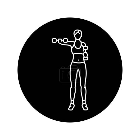 Ilustración de Chica hace ejercicios con mancuerna para sus manos negro icono de línea. - Imagen libre de derechos