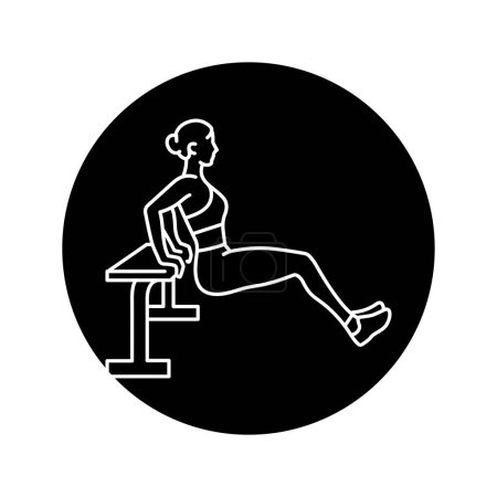 Illustration for Woman doing reverse push ups using bench black line icon. - Royalty Free Image