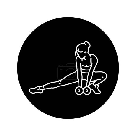 Illustration for Woman does lunges with dumbbells black line icon. - Royalty Free Image
