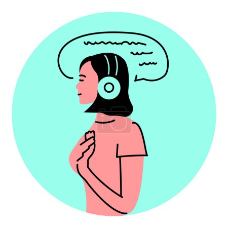 Illustration for A girl in headphones listens to a mantra black line icon. - Royalty Free Image