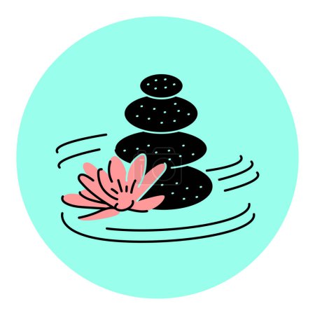 Illustration for Lotus flower with spa stones black line icon. - Royalty Free Image