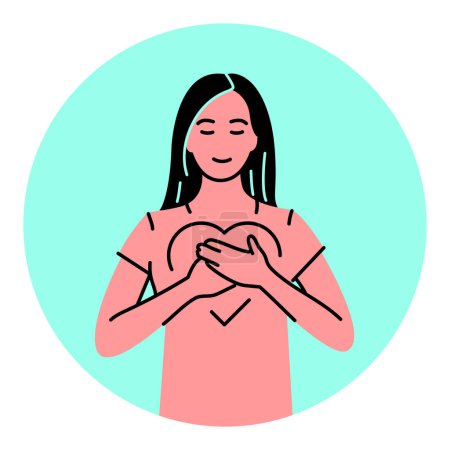 Illustration for Loving-kindness meditation black line icon. Happy woman feeling blessed. - Royalty Free Image