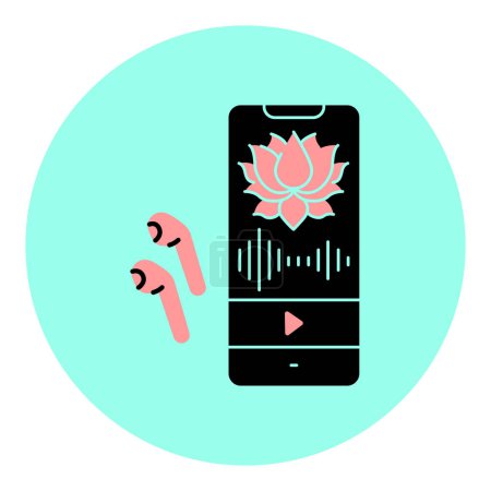 Illustration for Listen to online meditation on your phone black line icon. - Royalty Free Image