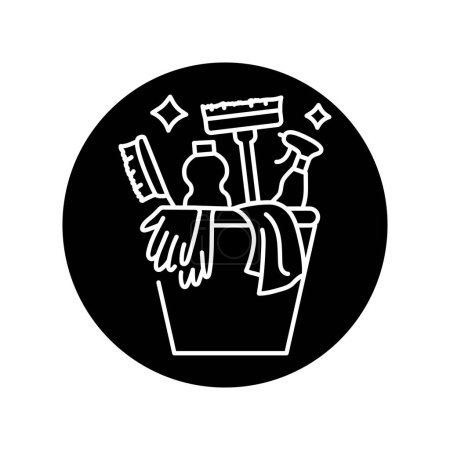 Illustration for Bucket with cleaning supplies black line icon. Cleaning company - Royalty Free Image