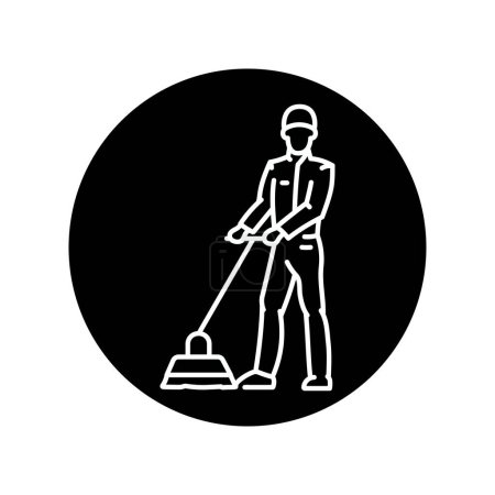 Téléchargez les illustrations : Homme avec une icône de ligne noire de serpillière. Entreprise de nettoyage - en licence libre de droit