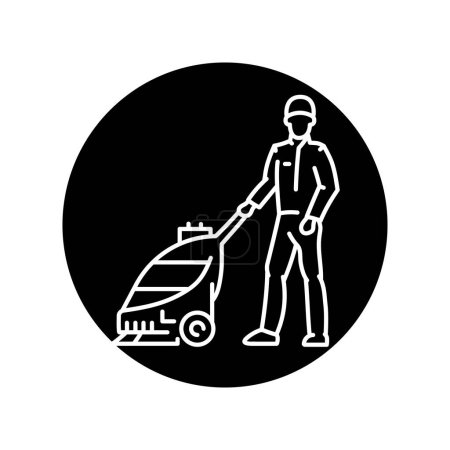 Illustration for Man with a vacuum cleaner black line icon. Cleaning company - Royalty Free Image