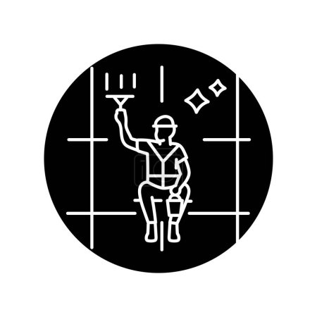 Illustration for Worker washes the windows of modern skyscraper black line icon. Cleaning company - Royalty Free Image