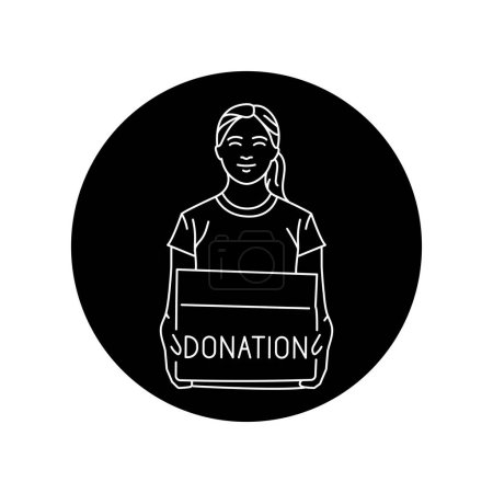 Illustration for Smiling female volunteer with  donation box black line icon. - Royalty Free Image