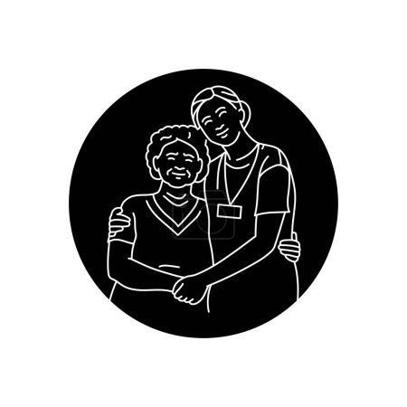 Illustration for Volunteer nurse hugs an old woman black line icon. Pictogram for web page - Royalty Free Image