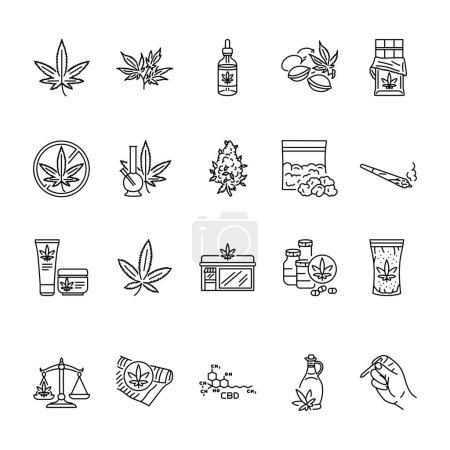 Ilustración de Conjunto de iconos de línea negra de productos de marihuana. CBD, sustancia narcótica THC. - Imagen libre de derechos