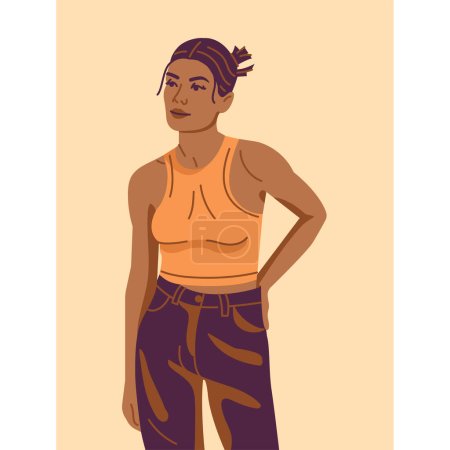 Téléchargez les illustrations : Jeune femme afro-américaine élégante vêtue de vêtements à la mode - en licence libre de droit