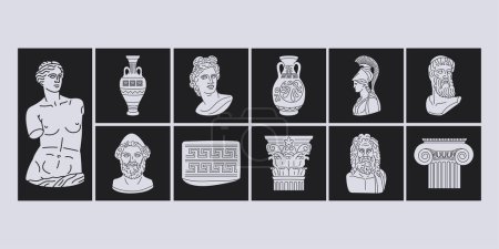 Illustration for Ancient Greek architecture black concept. Historical decor isolated on black background. Digital illustration for web page, mobile app, promo. - Royalty Free Image