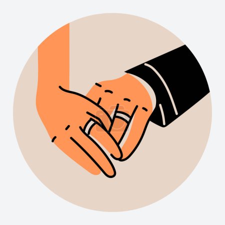 Illustration for Couple's hands with wedding rings black line icon. - Royalty Free Image